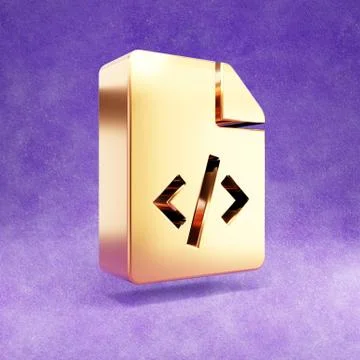 Code file icon. Gold glossy Code file symbol isolated on violet velvet backgr Stock Illustration