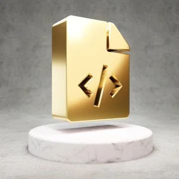 Code File icon. Shiny golden Code File symbol on white marble podium. Stock Illustration