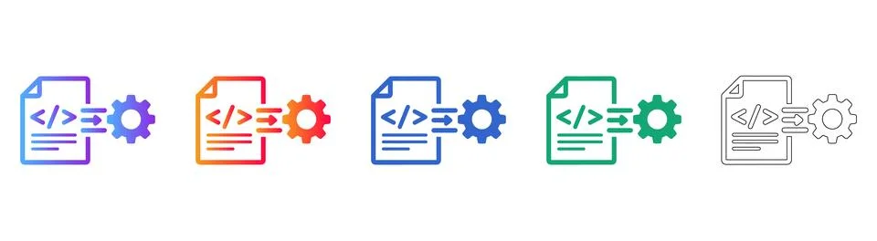 Code File Processing Gear Icon Set Stock Illustration