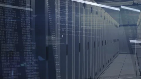 Code flickering and scrolling while camera pushing forward revealing server Stock Footage 313294338