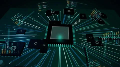 Code flowing along circuit traces into a glowing node on a teal board 3D Stock Footage 340201375