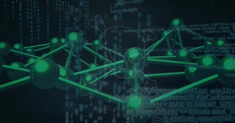 Code flowing around green 3D lattice rotating and revealing skull hazard to Stock Footage 317465713