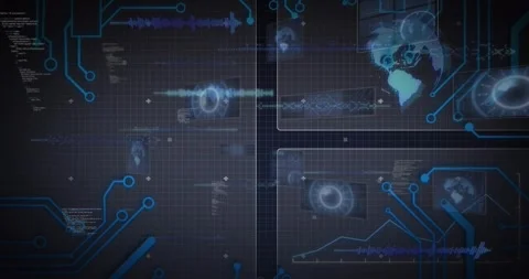 Code fragments appearing left initiating HUD, future interface tracing circuits Stock Footage 329899020