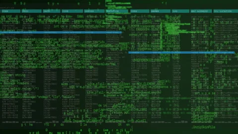 Code fragments flashing log rows scrolling with highlight bar shifting revealing Video stock 314745204