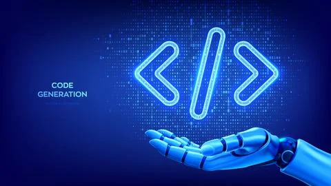 Code generation concept. AI coding and software development with robotic ha.. 스톡 일러스트