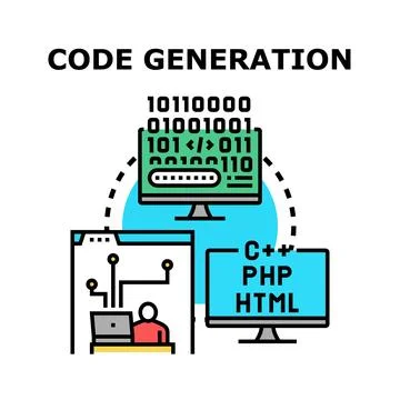 Code generation process developing programming language software Stock Illustration
