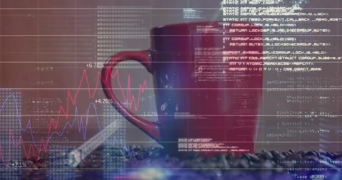 Code grid lines sliding in over red ceramic mug amid coffee beans, visualizing Stock Footage 318545179