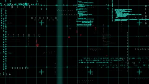 Code grid opening on cyan lines drifting tokens scrolling code cascading binary Stock Footage 312082684
