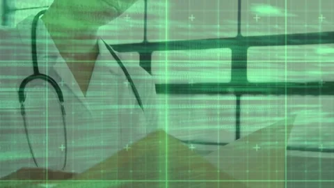 Code grid shifting revealing medical doctor scanning data lifting gaze preparing Vidéo 317184163