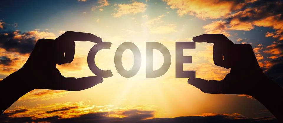 Code - human hands holding black silhouette word Stock Illustration