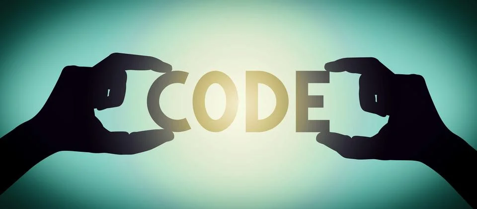 Code - human hands holding black silhouette word 스톡 일러스트