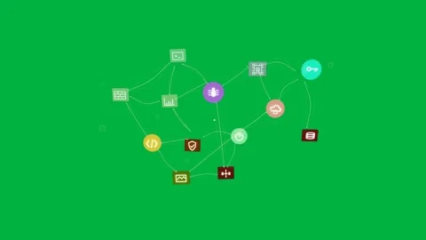 Code icon appearing icons linking into triad loosening dispersing showing Stock Footage 334727092