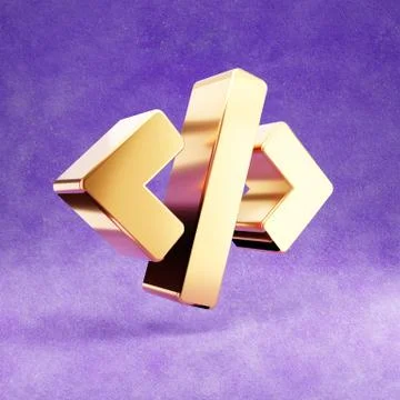 Code icon. Gold glossy Code symbol isolated on violet velvet background. 库存插图