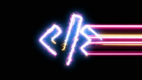 Code icon reveal. Blue, yellow, pink colors smoothly shimmer and form a neon ele Stock-Footage 151883656
