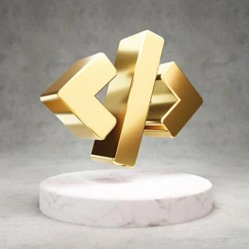 Code icon. Shiny golden Code symbol on white marble podium. Stock Illustration