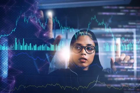 Code, information technology and woman with digital transformation and data 写真素材