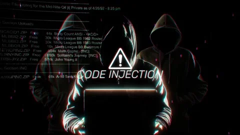 Code Injection words of hacking screen in technology Stock Footage 341305443