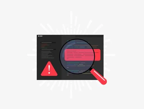 Code inspection - uncovers errors in programming scripts through red magnifying Illustrazione stock