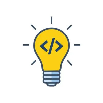 Code lightbulb idea. Lightbulb with code symbol inside, representing innova.. Illustrazione stock