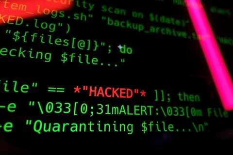 Code line with word hacked on it. Hacker concept. Hacking online concept Stock Photos