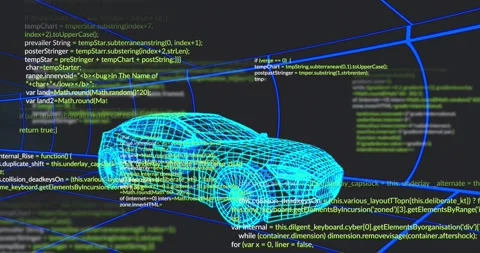 Code lines appearing around wireframe sedan while overlays scrolling to Stock Footage 319783085