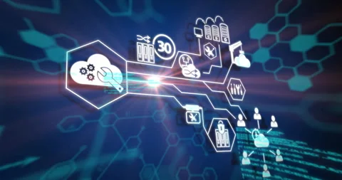 Code lines appearing drifting causing cloud icon scaling connecting icons Stock Footage 314084956