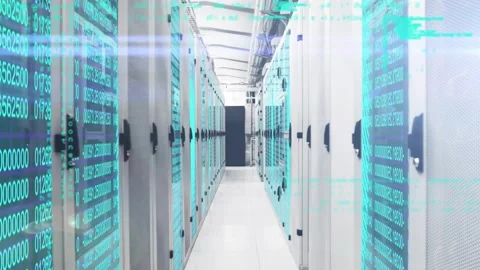 Code lines appearing initiating holographic streams gliding over server racks Stock Footage 319682684