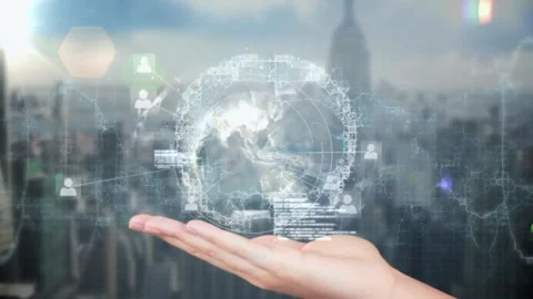 Code lines fading activating hand holding pulsing rotating 3D brain showing data Stock Footage 311417105