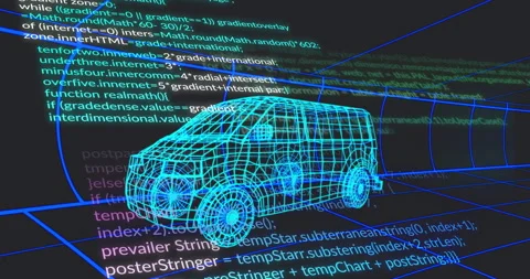 As code lines scrolling from edges initiating view shift, van model moving Stock Footage 311225364