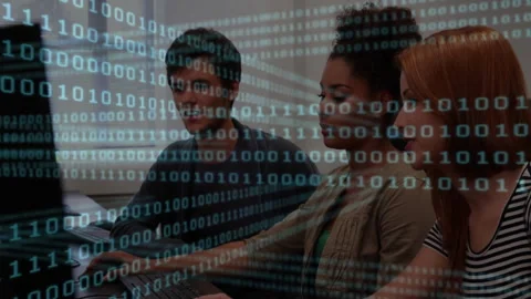 On code load developers leaning in lab typing and pointing screen for debugging Stock Footage 312281099