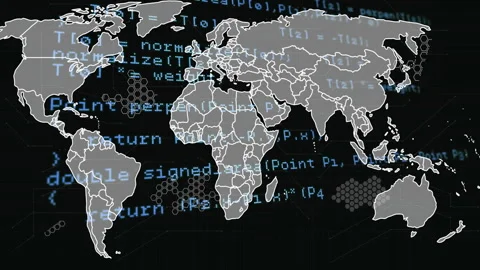 On code load world map showing scrolling code and animating circuit grid Stock Footage 310668745