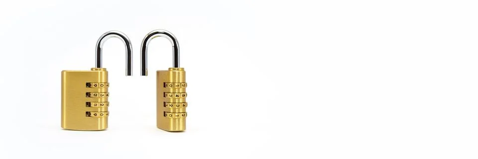 Code lock. Close-up of a combination lock with chrome numbers on a white 写真素材