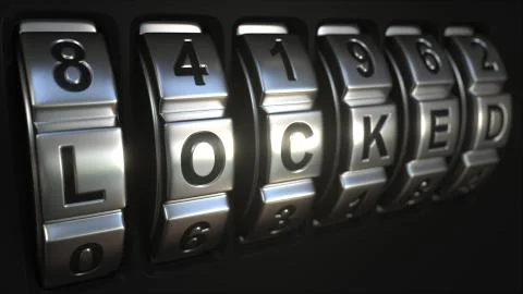 Code lock rings stop rotation at word LOCKED. 3D rendering Stock-Illustration