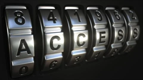 Code lock rings stop rotation at word ACCESS, 3D rendering Illustrazione stock