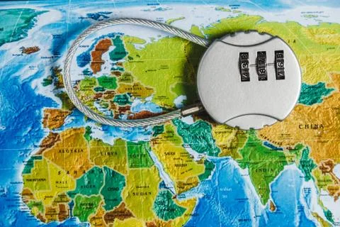 Code Lock on World Map Background. Concept-Ban on Travel, Lack of Visa. 스톡 사진