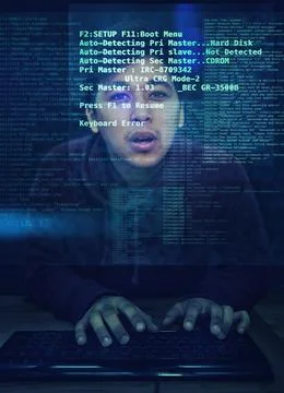 Code, man and typing with with programming, holographic and hacker with industry Stock Photos