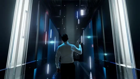 Code. Man in Futuristic Office Interior Moving and Activating Hologram. Stock Footage 259916874