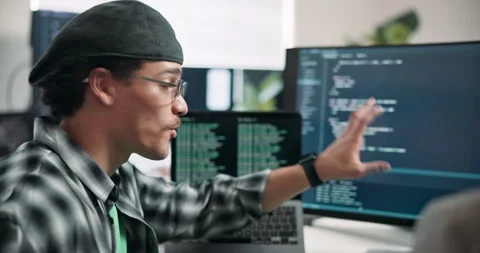 Code, man or computer screen in office for advice, technical guidance or system Stock Footage 346760593