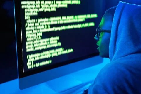 Code, man or hacker with pc or screen for cybercrime, malware or phishing for 스톡 사진