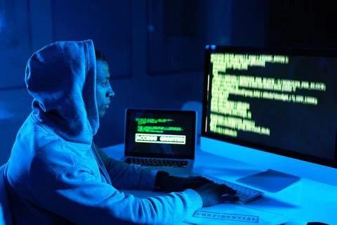 Code, man or hacker on technology screen for cybercrime, malware or phishing for Stock-Fotos