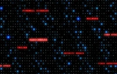 Code matrix is showing threat warnings in flat design, with red labels on Stock Illustration
