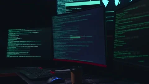 Code On Multiple Computer Screens And Success Downloading Data, Cyber Attack Vidéo 157326972