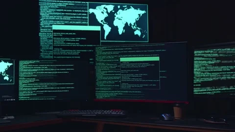 Code On Multiple Computer Screens, Cyber Attack Stock Footage 157326748