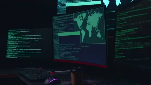 Code On Multiple Computer Screens, Cyber Attack Stock Footage 157326895
