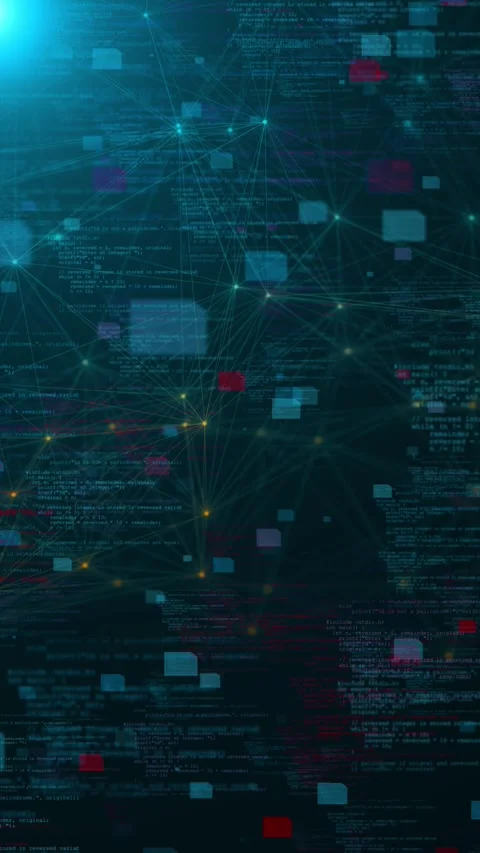 Code network blocks background programming text, connected lines, red and blue r Stock Footage 340549836