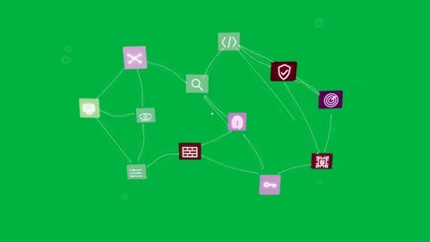 Code node appearing, square icons forming, linking ribbons showing network on Vidéo 334727070