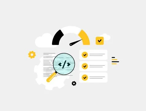 Code optimization inspection reveals performance boosts via magnifying glass on Stock Illustration