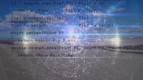 Code overlay appearing and initiating tech orb pulsing over tidal flats, Video stock 332281553