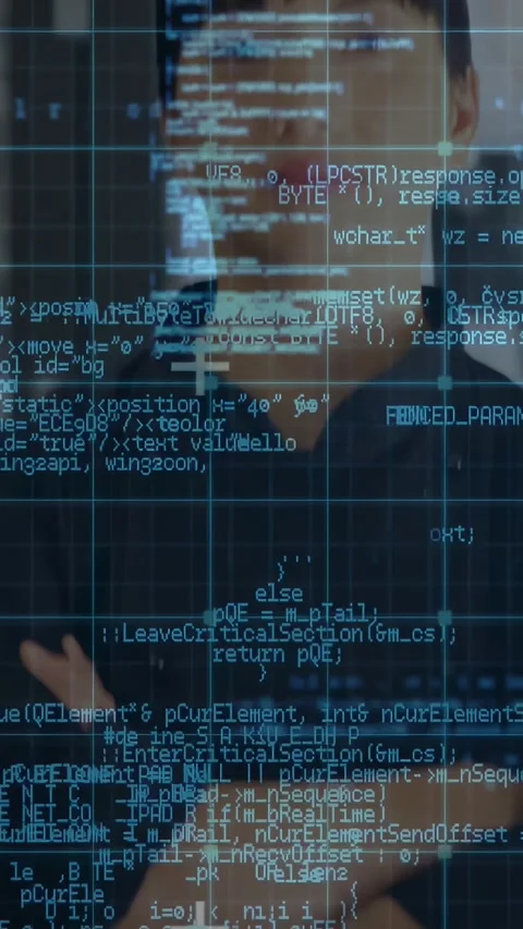 Code overlay appearing as Asian woman adjusting arms, camera rising, revealing Stock Footage 330547980