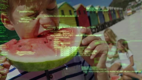 Code overlay appearing drawing highlight while boy continuing eating watermelon Stock Footage 326189482